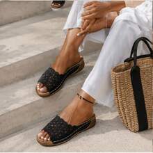 Women Summer Wedge Heel Thick Soled Bohemian Style Sandals Comfortable Platform Espadrilles For Beach Vacation - Black - View 5