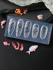 海洋主題 3D 矽膠美甲模具，可重複使用美甲模具模板水下設計 - 魚、龍蝦、海豚、珊瑚 & 海藻，UV/LED 凝膠、壓克力樹脂雕刻模具，夏季海灘美甲，美甲裝飾配件工具 - 無色 - 查看 10