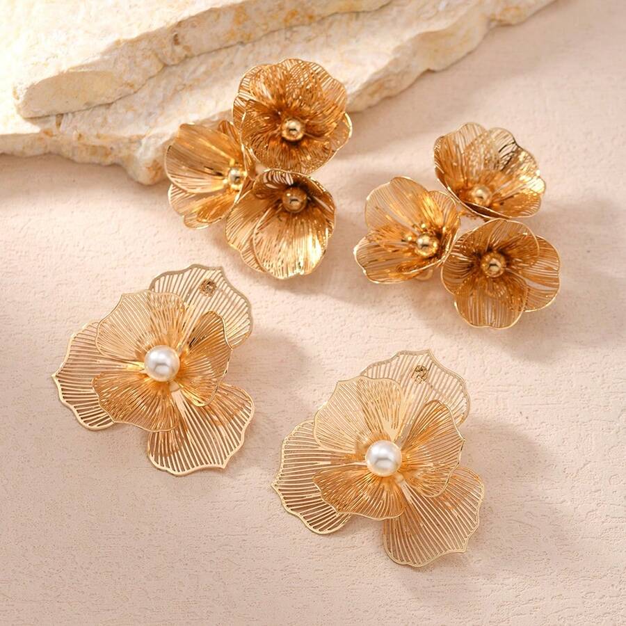 1 Pasang Anting Daun Maple Logam Emas Berukuran Besar, Perhiasan Tebal - 6173 3 bunga - View 1