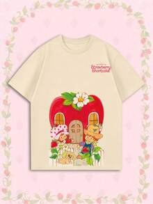 女款夏季 T-shirt，可愛草莓屋印花寬鬆休閒 T-shirt，適合日常甜美女孩風格 - 杏色 - 查看 1