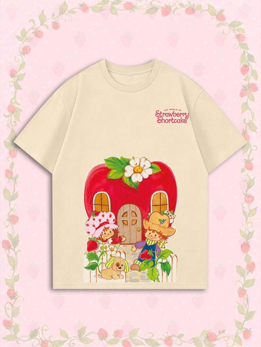 女款夏季 T-shirt,可愛草莓屋印花寬鬆休閒 T-shirt,適合日常甜美女孩風格 - 杏色 - 查看 1