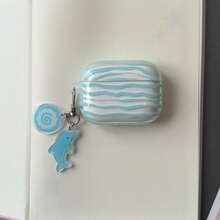 Korean Style Minimalist Premium Blue Striped + Dolphin Pendant Compatible With Apple AirPodsPro3 Case/AirPodsPro2 Case/AirPodsPro Case/AirPods4 Case/AirPods3 Case/AirPods2 Case/Fashionable Women's Earphone Case/Minimalist Earphone Case/Apple Earphone Case/Apple Earphone Cover - Baby Blue - View 9