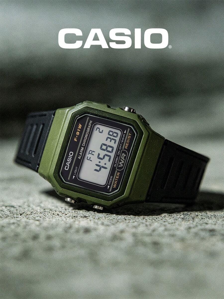 CASIO 軍事復古方型:中性綠色錶殼黑色樹脂數位手錶,30M防水附綠色LED背光 F-91WM-3A - 黑色 - 查看 1