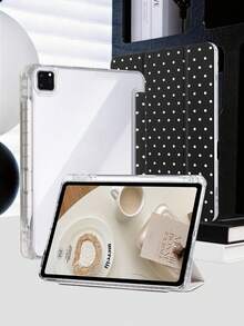 波點黑色平板保護殼，相容 iPad Mini6/Mini7/Air/Air2/9.7/10.2/10.5/10.9 (Air4-Air8)/Pro 11/10th Gen/A16/Pro 11 2024 機型，彩繪圖案平板殼配透明壓克力背殼，三折支架，自動休眠/喚醒，內建筆槽，不含筆，部分機型附相機框 - 黑與白 - 查看 7