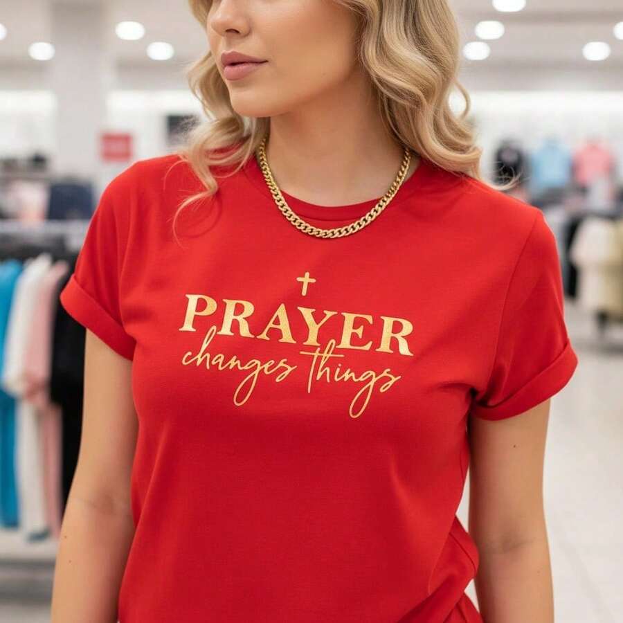 Women's Pure Cotton Graphic T-Shirt With "Prayer Changes Things" Lettering Print, Short Sleeve, Round Neck, Casual Style, Available In Plus Sizes S-5XL, Inspirational Religious Top For Everyday Wear, Black/Gold, 100% Pure Cotton, Bohemian Style. - 紅色 - 查看 1