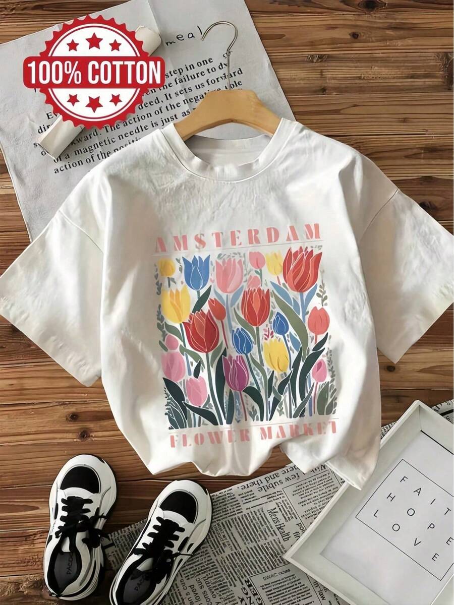 Minimaliste.100%Cotton.1pac1pc Women' S Amsterdam Flower Market Print White TShirt, Crew Neck, Casual Cotton Tee Medium Stretch Knit Fabric, Regular Fit For Female Ladies For Spring/Summer/Fall.Spring Summer Top - 白色 - 查看 1