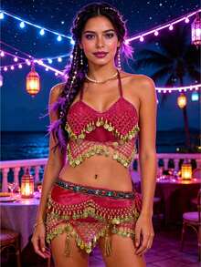 Performance Belly Dance Net Halter Top With Dangling Coins, Mesh Coin Tassel Hip Wrap Scarf - Multicolor - View 13