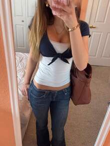 Women's V Neck Crop Tops Summer Short Sleeve Tie Front T-Shirt Slim Fit Solid Color Shrug Blouse - Blue - View 2