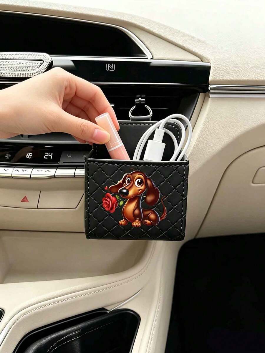 可愛卡通臘腸狗拿紅玫瑰多功能車用出風口收納盒,車用出風口收納盒,出風口皮革收納盒 - 叼著紅玫瑰臘腸犬 - 查看 1