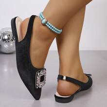 Velvet Rhinestone Square Buckle Pointed Toe Slingback Flat Shoes, French Elegant Low Vamp Flat Ballet Shoes Solid Color Fashion Rhinestone Women's Flat Shoes Wedding Spring Autumn - Black - View 7