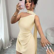 abyoxi Vestido mini ajustado con cuello asimétrico y cintura fruncida para mujer, elegante y de moda, adecuado para vacaciones, fiestas en la playa, bodas, festivales, graduaciones, fiestas, etc. Falda ajustado elástica para primavera y verano DG - Rosa - Ver 5