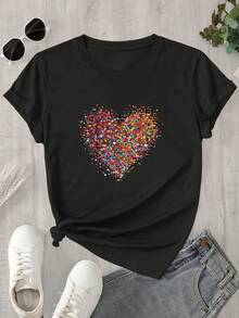 Top de mujer de manga corta y cuello redondo con estampado de corazones de diferentes colores, ideal para todas las estaciones. - Negro - Ver 1