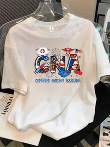 Camisa de manga corta con cuello redondo para mujer, con estampado de asistente de enfermería certificada (CNA), apta para todas las estaciones. - Blanco - Ver 1