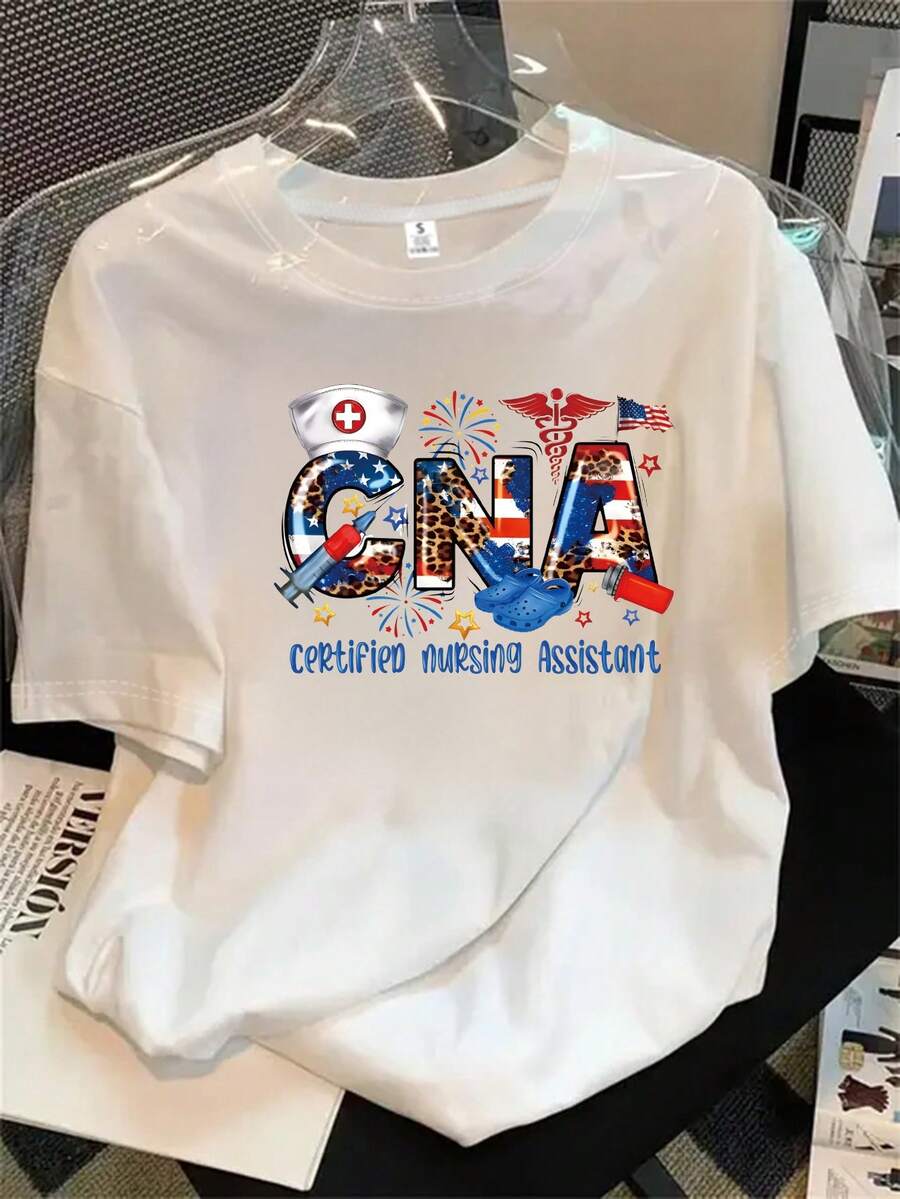 Camisa de manga corta con cuello redondo para mujer, con estampado de asistente de enfermería certificada (CNA), apta para todas las estaciones. - Blanco - Ver 1