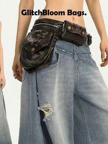 Sac de taille multifonctionnel style western rétro américain, ceinture style wasteland, personnalisé Y2K, pour fille à la mode, rivets robustes, large taille - Noir - Voir 2