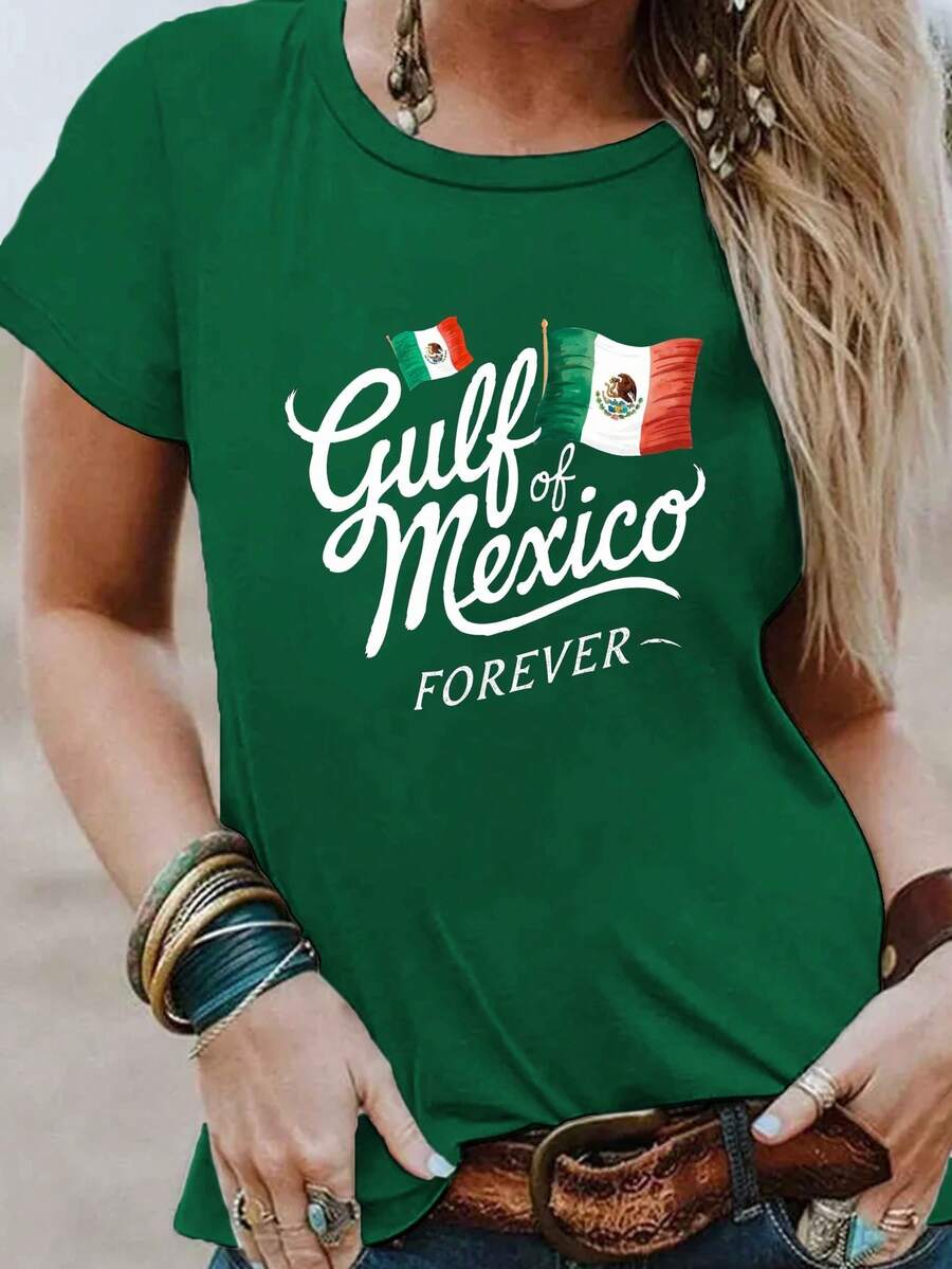 T-Shirt With Watercolor Illustration Print Of The , Casual Short Sleeve Top With Round Neck, For Summer And Spring, Women's Clothing - Polyester, Regular Length, Geometric Pattern, For All Seasons, Casual Style, Knit Fabric, Round Neck With Bow Detail, Fabric Weight In /M². - 綠色 - 查看 1