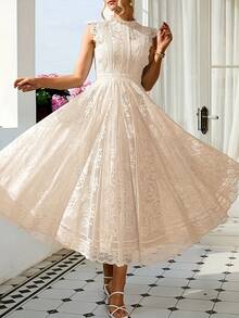 Women's Wedding Guest Dress, New And Elegant Fan-Shaped Lace Flared Dress, Retro Sleeveless Lace Dress, Suitable For Wedding Bridesmaid Dress, Evening Party, Casual Romantic Dates - 鵝黃色 - 查看 10
