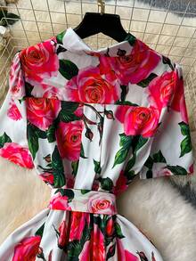 Elegant Women's Floral Print Dress With Short Sleeves, Lapel Collar, And Fitted Waist - Romantic Rose Design, Perfect For Spring Outings, Garden Parties, And Casual Events | Garden Party Dress | Floral Print Dress | Stylish Dress - 灰藍色 - 查看 4