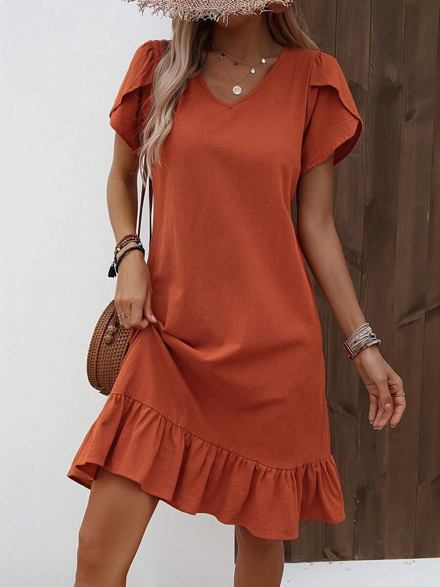 Women's Dress With V-Neck, Shell Sleeves And Ruffles - Dark Blue - View 1