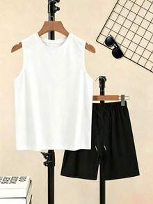 Plus Size Men's 2-Piece Set: Summer Casual Sleeveless Crew Neck Tank Top + Casual Shorts - White - View 2