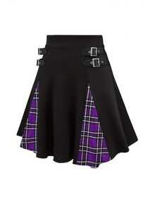 Talla Grande - Talla Grande - Falda Mini A-Line de Talle Alto con Botones y Diseño de Cuadros Gótico - Cuadros Negros + Morados - Ver 3