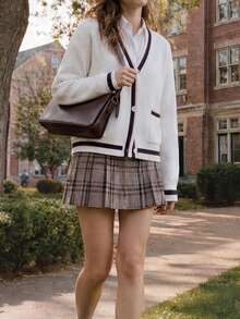 1pc Women's College Style White Knitted Cardigan, V-Neck Striped Trim, Long Sleeve Button Front Pocket Sweater, Autumn/Winter Essential Fall - White - View 4