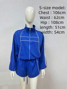 2PC/1set Women's Clothing Sexy Hot Girl Long Sleeve Zipper Contrast Color Ribbon Shorts Women's Two-Piece Set,Women Outdoor Sets - 深藍色 - 查看 6