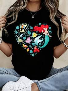 Disney Women Casual Short Sleeve T Shirt  Mermaid Heart Design Black Ariel And Sea Creatures Print Summer Outfit For Beach Vacation - 黑色 - 查看 2