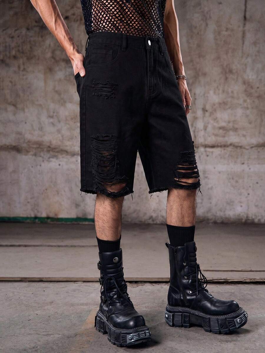 Skyrend 男士休閒純色破舊毛邊牛仔短褲 Jorts,夏季,Emo 風格,Emo Grunge - 黑色 - 查看 1