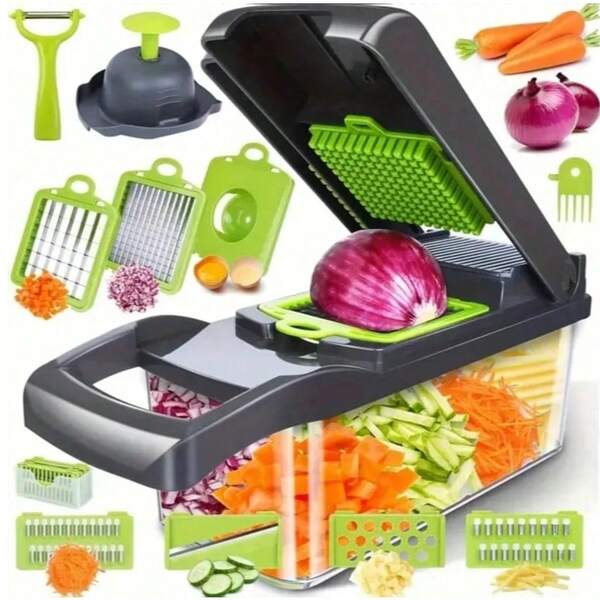 [Cortador de Verduras] Cortador de Verduras 16-En-1, Cortador de Cebolla Profesional, Cortador de Alimentos Multifuncional, Cortador y Rebanador de Verduras de Cocina, Cortador de Verduras con 8 Cuchillas, Cortador de Zanahoria con Recipiente Regalo para Padre