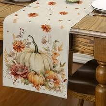 1pc Fall Watercolor Pumpkin & Floral Print Table Runner, Rustic Farmhouse Style Table Runner, Machine Washable Dining Table Scarf For Autumn Harvest, Thanksgiving, Everyday Home Decor - Multicolor - View 3