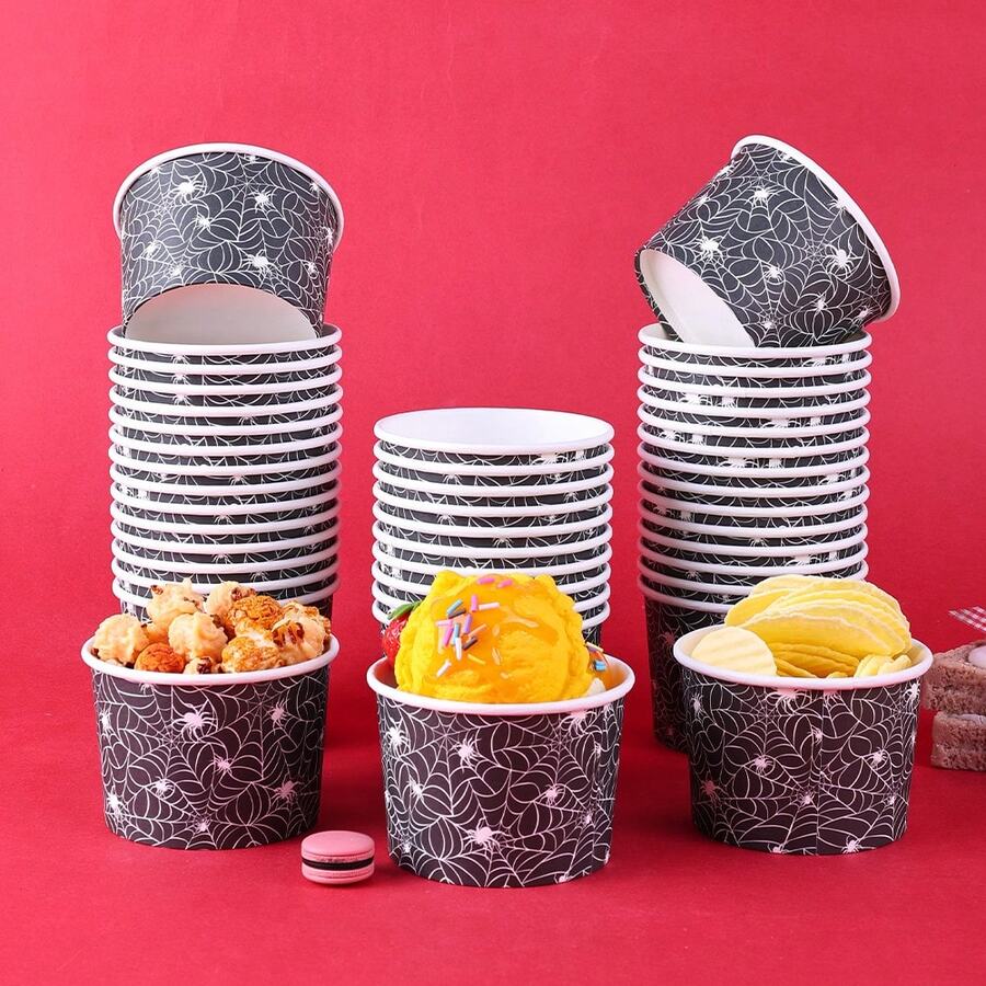 10/20/60pcs, Halloween Spider Web Themed Birthday Disposable Paper Cups, Black Spider Web Print Ice Cream Snack Bowls, Halloween Treat Snack Cups Birthday Party Candy Treat Serving Tableware Favors,Paper Dessert Bowls For Birthday Summer Party Favor - Black - View 1
