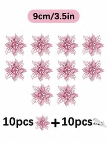 1/5/10/20入 金色亮片一品紅人造聖誕花夾飾，3.5"/5.9"/9.4"花頭，適用於聖誕樹、花環、婚禮、新年派對、樓梯、窗戶、壁爐、露台及節日裝飾 - 粉色 - 查看 16