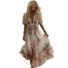 Boho Floral Embroidered Maxi Dress - V-Neck Lace Trim Short Sleeve Tiered Skirt, Perfect For Cottagecore & Garden Events, Romantic Vintage Style,Women's Dress, Women's Jumpsuit - SJWVLDX-K-5 - 查看 4