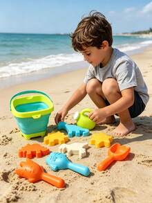 Children's Foldable Beach Bucket Set - Includes Foldable Bucket, Sand Molds, Rake, Shovel, Suitable For Outdoor Beach, Pool Water Play, Parent-Child Interaction, Beach Supplies, Beach Toys, Children's Beach Camping, Outdoor Play Summer Essential, Accessory Colors Random - Multicolor - View 9