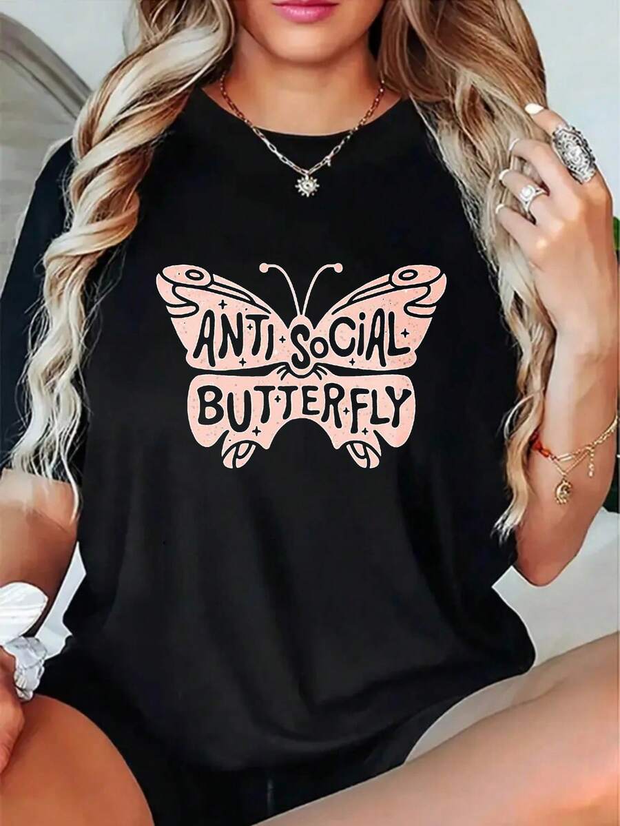 Ideal para casual Camiseta de mujer con estampado de mariposas antisociales para ocasiones especiales - Camiseta negra con estampados rosados y un llamativo texto antisocial, camiseta casual de manga corta con cuello redondo, adecuada para el uso diario, ropa para destacar en las redes sociales, lavable a máquina y de ajuste cómodo, diseño de mariposa rosa y letras antisociales, corte holgado adecuado para usar en capas o solo, tela suave para comodidad durante todo el día, estilo sencillo con estampado de mariposa rosa, diseño ligero. a conocer el moda necesidades de contemporáneo mujeres, oferta a elegante solución para cómodo y a la moda diario dres - Negro - Ver 1