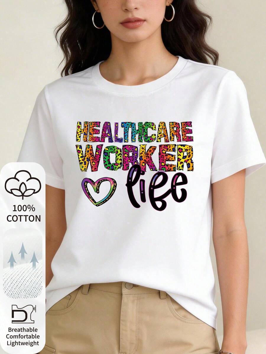 Camiseta de Cuello Redondo 100% Algodón para Mujer, Estilo Holgado y Transpirable, Camiseta Casual con la Frase "HEALTHCARE WORKER" en Fuente Colorida con Estampado de Leopardo, "life" en Cursiva Negra y un Gráfico de Corazón con Estampado de Leopardo Arcoíris. Top de Verano de Manga Corta y Cuello Redondo para Mujer, Cómodo y Transpirable para Uso Diario - Blanco - Ver 1