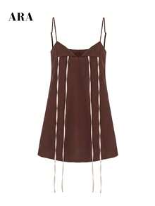 ARA CHIC Women's Deep Brown Spaghetti Strap Contrast Tie Waist Short Dress, Elegant Backless Slip Dress, Spring/Summer New Arrival - Brown - View 7