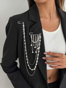 1pc Elegant Fashion Faux Pearl Beaded Geometric Thin Chain Multi-Layer Stacked Charm Jewelry Tassel Brooch Pin Clothing Chain, Luxurious Light Luxury, Wedding Banquet, Holiday Party, Daily Casual, Street Photography, Women Couple Holiday Birthday Versatile Brooch Gift - Brooch - View 3