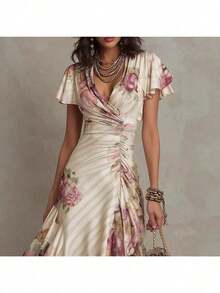 Elegante vestido midi vintage de mujer con estampado floral, escote en V y mangas con volantes, vestido veraniego informal de corte A en tejido tejido. - Blanco - Ver 3