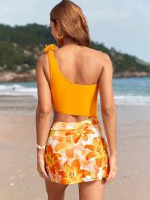 Trajes de Baño para Mujer Completos Bañador con Un Hombro Cintura al Descubierto con Falda para Playa - Rojo - Ver 9
