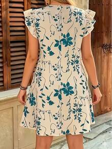 Wine Red Summer Dress With Floral Print And Ruffled Hem, Loose Fit And Festive Style With Ruffled Sleeves And Flare - 紅色 - 查看 3