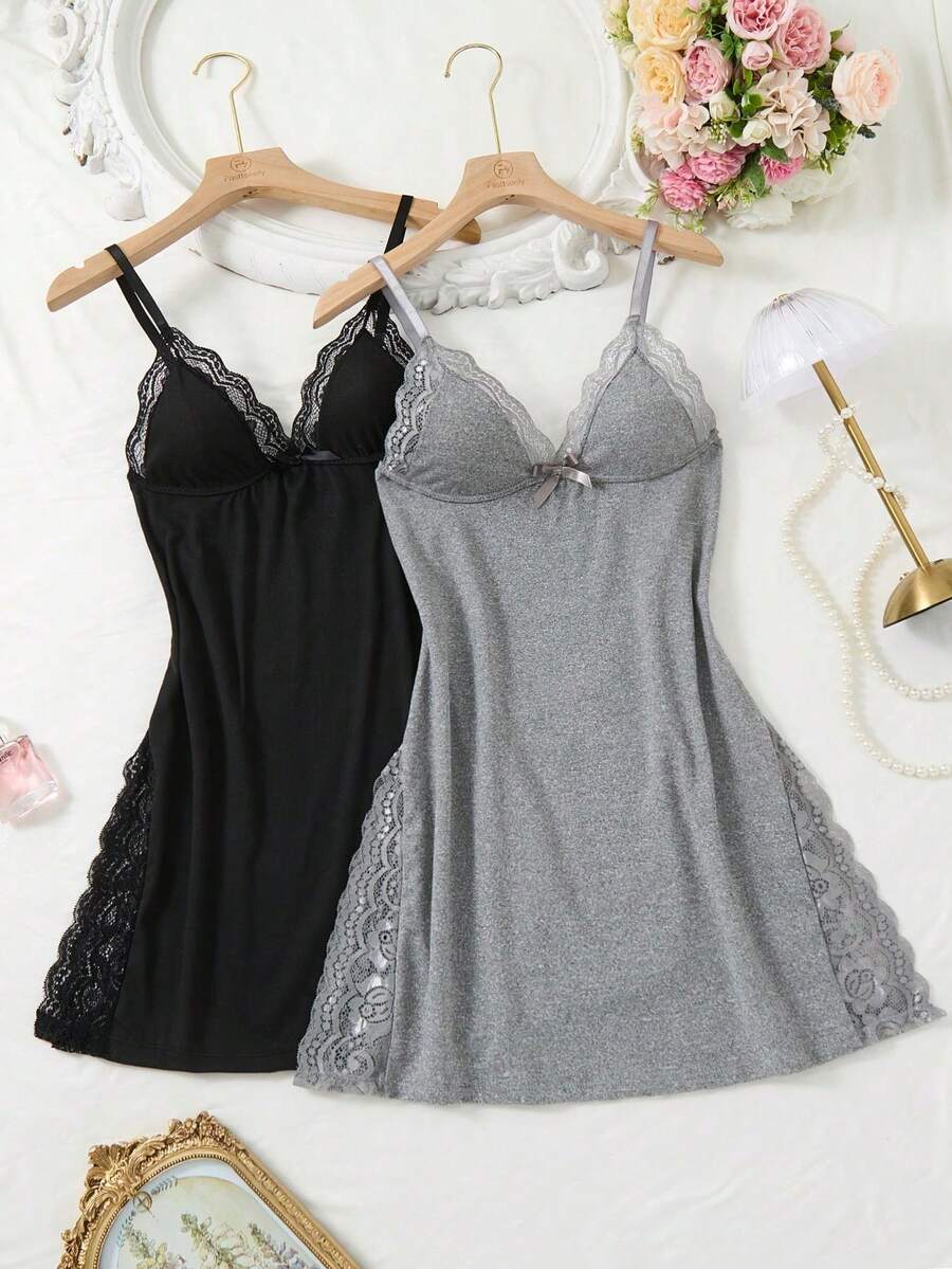 2-Piece Romantic Nightgown With Side Slit, Decorated With Lace And Bow - Multicolor - View 1