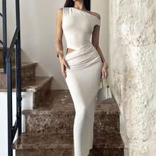 dahkjdgajy  Vestido ajustado con hombro asimétrico y fruncido, elegante, minimalista y sexy para uso al aire libre, vacaciones y festivales de música, color albaricoque - Burdeos - Ver 2