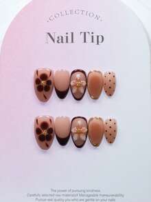 Selected 10 100% Handmade French 3D Gradient Flower Carved Nail Art Sets, Short Almond Shaped Nails, Reusable Handmade Acrylic Fake Nails, Suitable For Women And Girls To Wear At Holiday Parties, 1 Mini Nail File And 1 Self-Adhesive Label Handmade Press On Nails - Multicolor - View 14