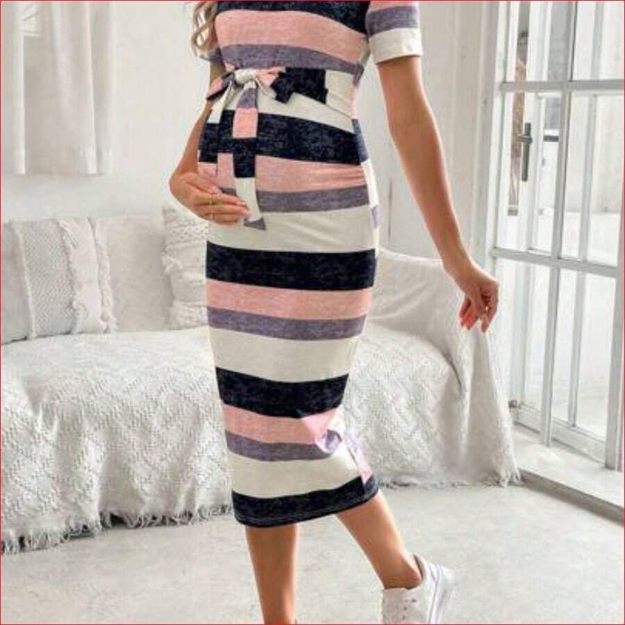 VUUG
Vestido largo de punto elástico de maternidad con estampado de rayas de colores - Multicolor - Ver 1