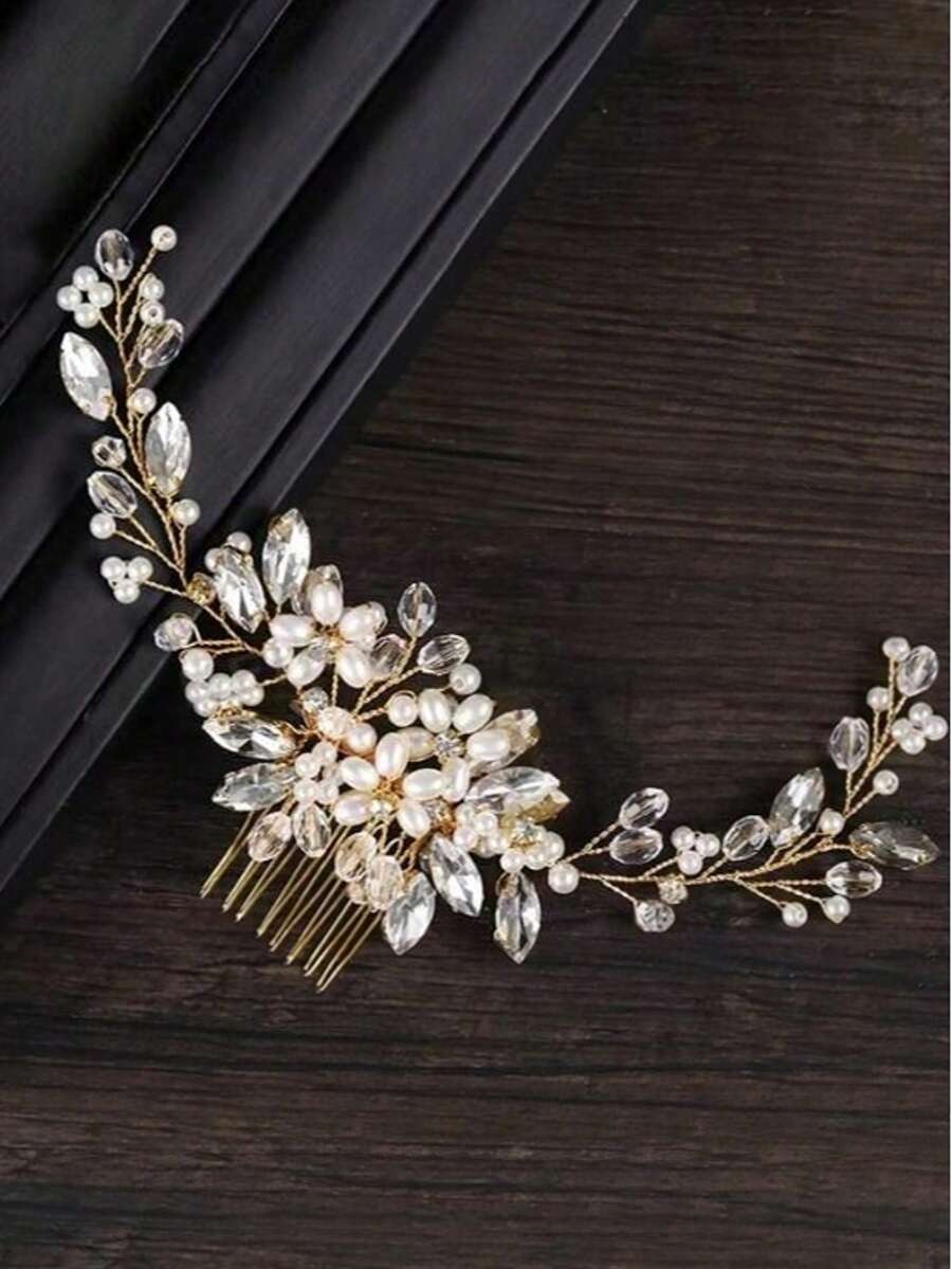 1pc Bridal Fashion Sweet Pearl Rhinestone Side Hair Accessory Exquisite Wedding Dress Updo Hair Comb, Hair Comb - Gold - View 1