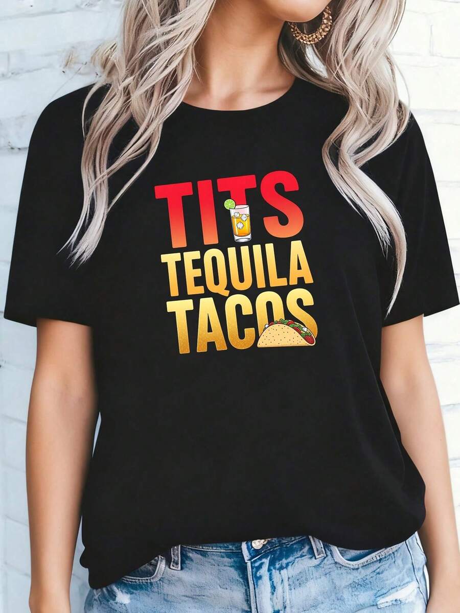New Spring/Summer 2026 Fashion Short-Sleeve T-Shirt, Made In Mexico, 200g. 100% Cotton. Fun Graphic Tee With A Taco And Tequila Design, Cartoon Print, Suitable For Couples, Perfect For Layering Or Wearing Alone. Crew Neck, Versatile And Unisex. Suitable For Both Office And Casual Occasions. Individually Packaged. The Perfect Short-Sleeve T-Shirt For Summer. - 黑色 5 - 查看 1