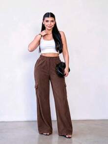 Comfortable Velvet Cargo Wide-Leg Pants For Winter - Óxido marrón - Ver 3