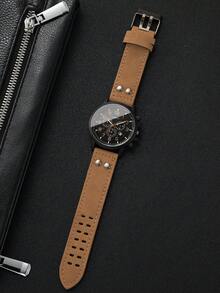 Jam Tangan Hadiah Pria Tali PU Klasik Tiga Mata Kalender Digital Jam Tangan Kuarsa Kasual Olahraga, Hadiah untuk Pacar (1 buah/Set) Kotak Jam Tangan Tidak Termasuk - Khaki - View 6